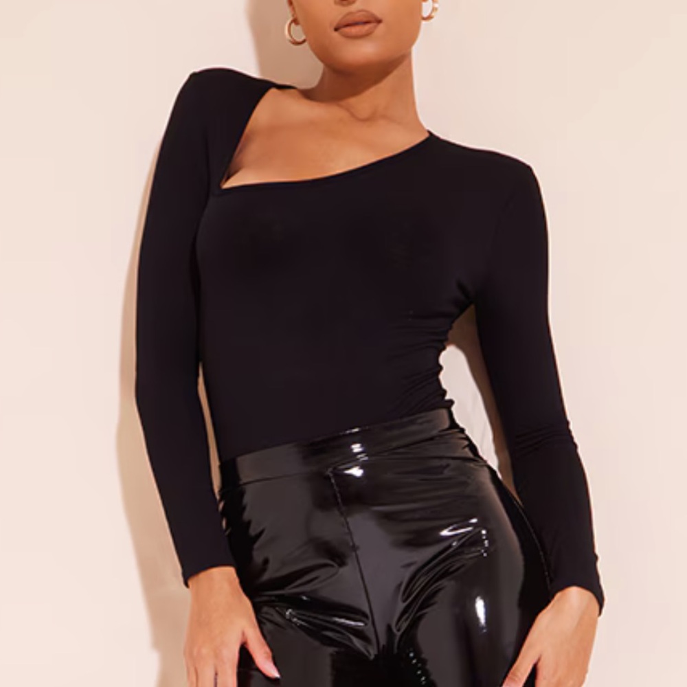 New Prettylittlething Black Asymmetrical Jersey Thong Bodysuit